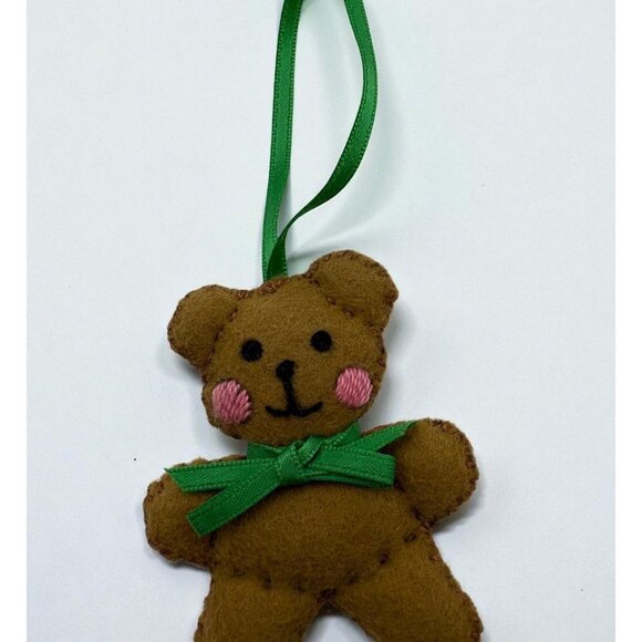 Gingerbread Bear Christmas Ornament Handmade Felt Green Bow Vintage - Picture 1 of 6